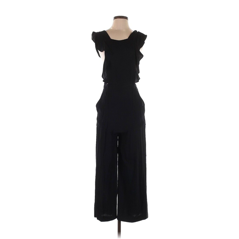 ZARA Solid Black Cropped Strappy Jumpsuit - S